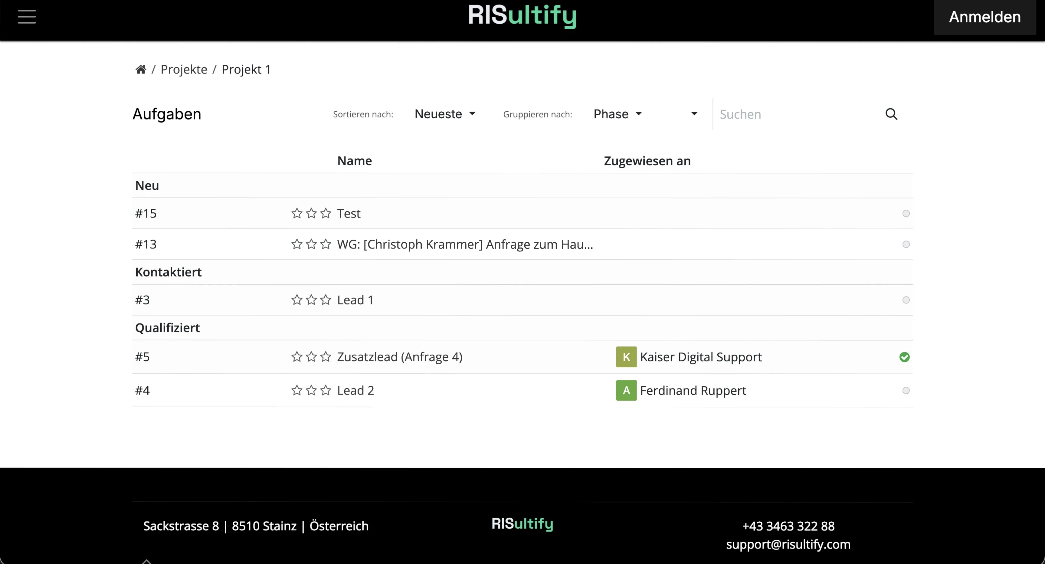 Übersicht des RISultify Kundenportals